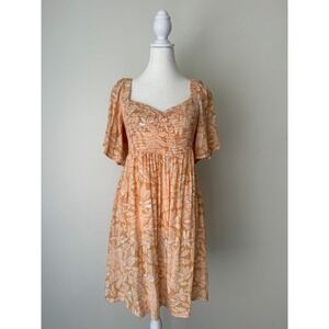 Roxy Peach Floral Smocked Backless Mini Dress Women's Medium Boho Flutter Sleeve